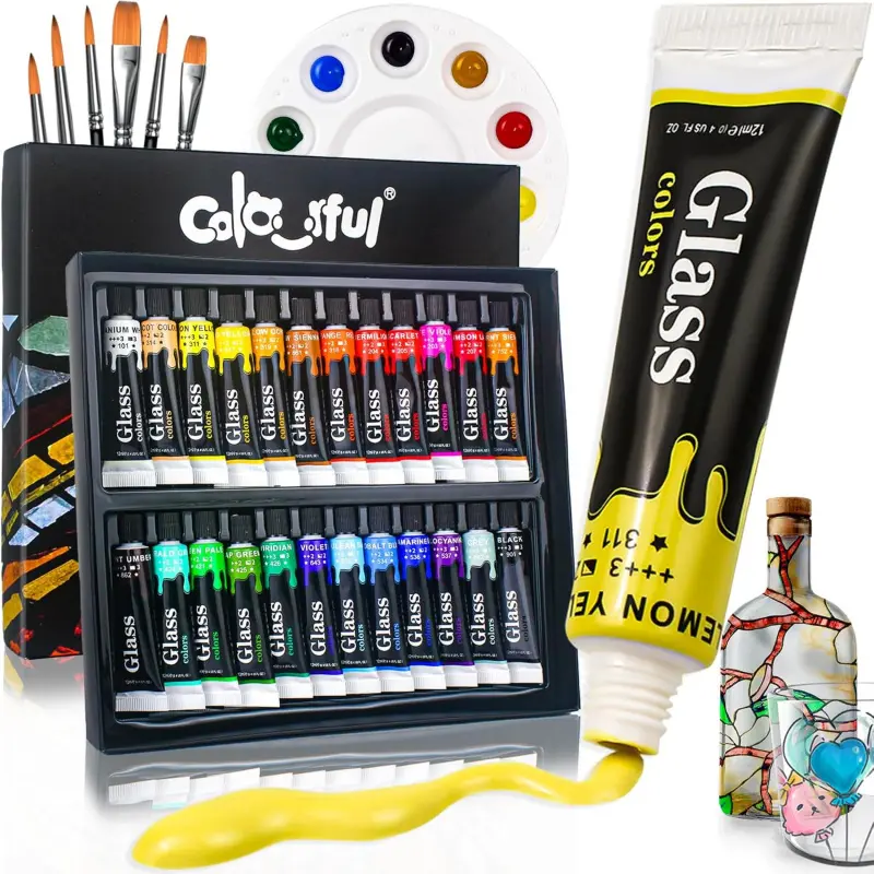 12/24 Colors 12ml,Colorful Acrylic Glass Paint Set with 6 Brushes, 1 Palette,  Stain Glass Paints for Wine Glass, Waterproof Acrylic Enamel Paint Kit to Create Translucent Arts on Porcelain, Window & Ceramic