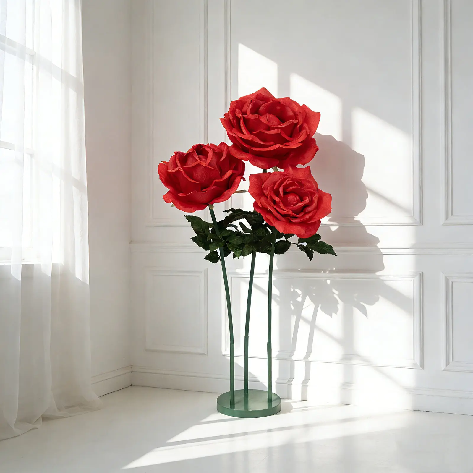 Giant Red Faux Decorative Flower Set with Base, 3 Standing 3.75ft-4.5ft Tall Pieces for Decor, Flower Design Decorations, Room Decor & Photo Booths
