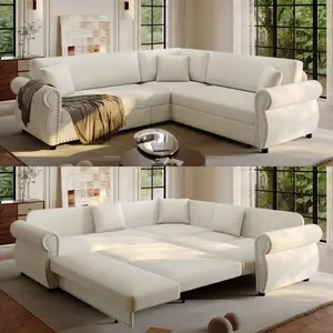 88.2" L-Shaped Chenille Upholstered Sectional Sofa Couch - Oversize Convertible Sleeper with Queen Size Pull-Out Bed, Nailhead Trim, Rolled Arm for Living Room, Apartment, Queen Size Bed