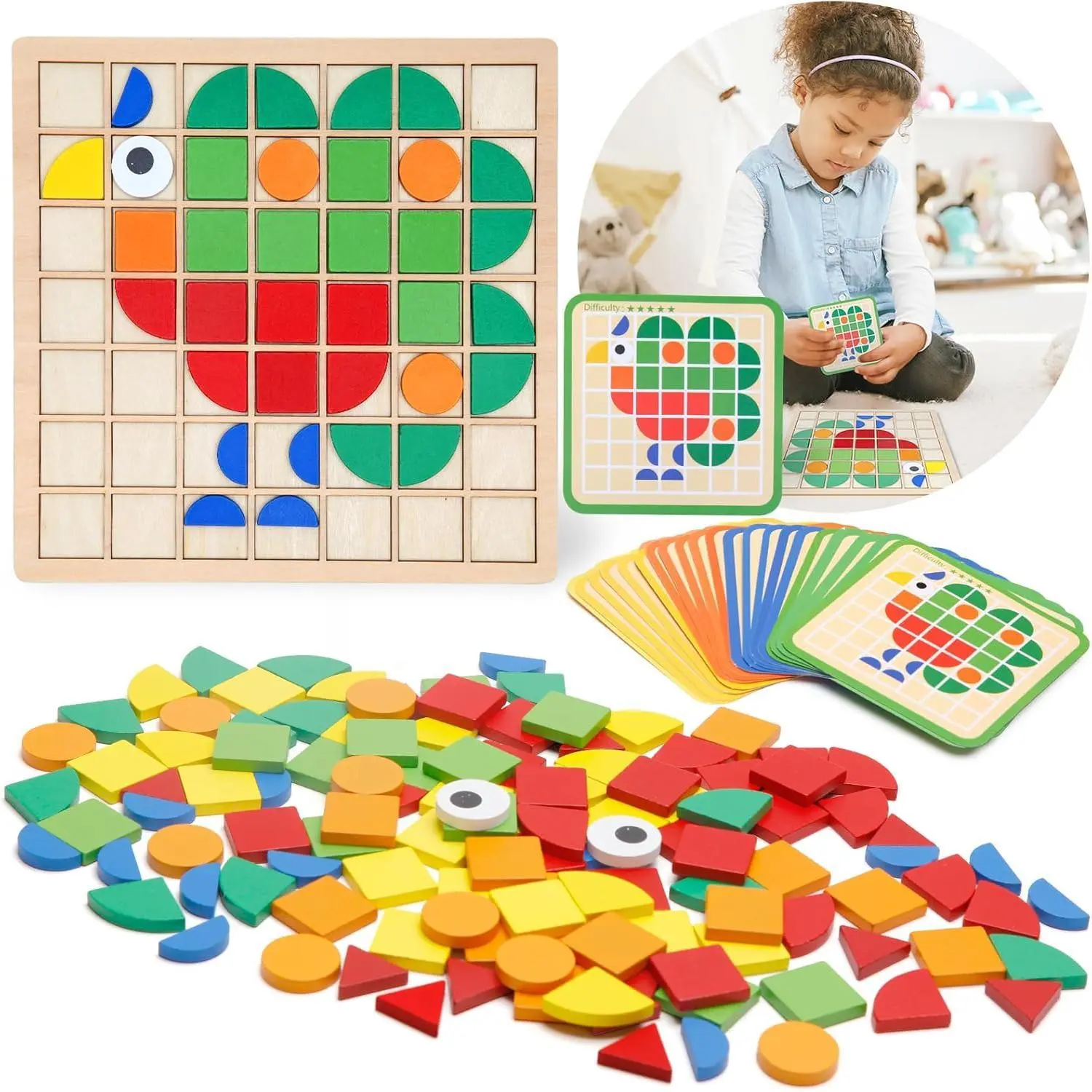 Montessori Tangram Geometric Shapes Puzzle Toys with 120Pcs Wooden Blocks and 20Pcs Cards, Colorful Pattern Educational Gift for Kids Ages 3 and Up