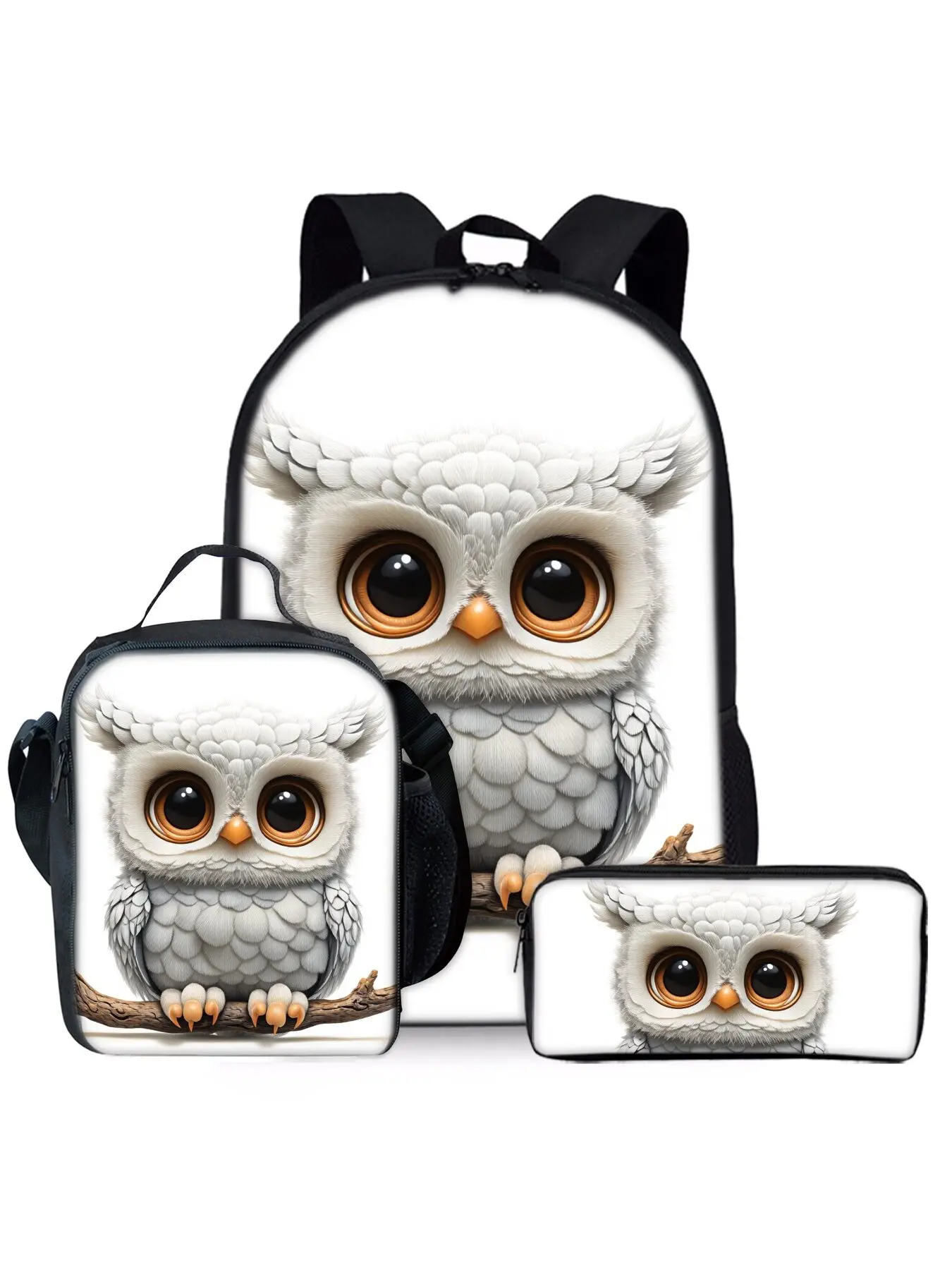 Cute owl print backpack three piece set lunch bag pencil case backpack