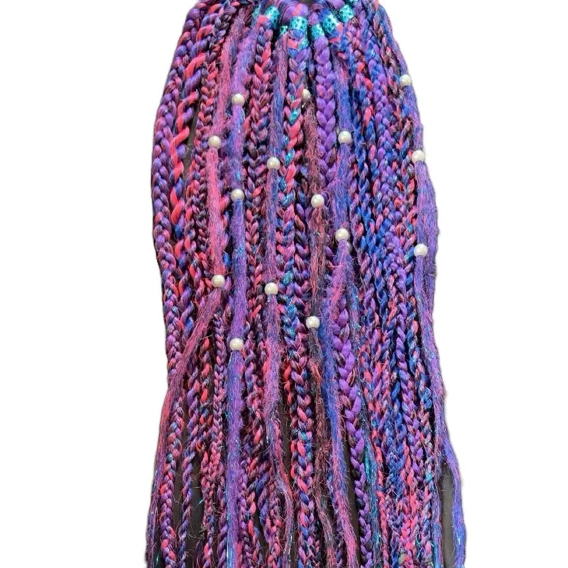 Galaxy Color Braid Dreadlock Ponytail with Vibrant Purple and Pink Tones and Pearl Accents for Stylish Looks