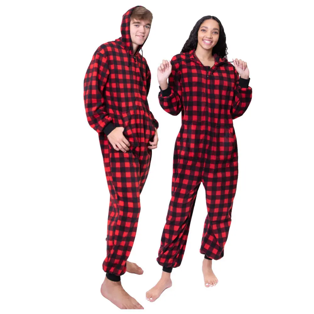 Hoodie Onesie Buffalo Plaid Fleece Jumpsuit Pajamas for Men & Women