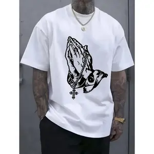 Cotton Short Sleeve  T-Shirt Men's "Pray" Graphic Cotton T-Shirt - White, Breathable & Comfortable, Short Sleeve, Round Neck, Casual Summer Wear, Everyday Clothing |     Streetwear Fashion |     Smooth Texture Fathersdaygift,belle