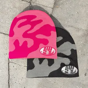AW Beanies - Pink Camo & Grey Camo Knit Hats with Logo Patch for Stylish Warmth