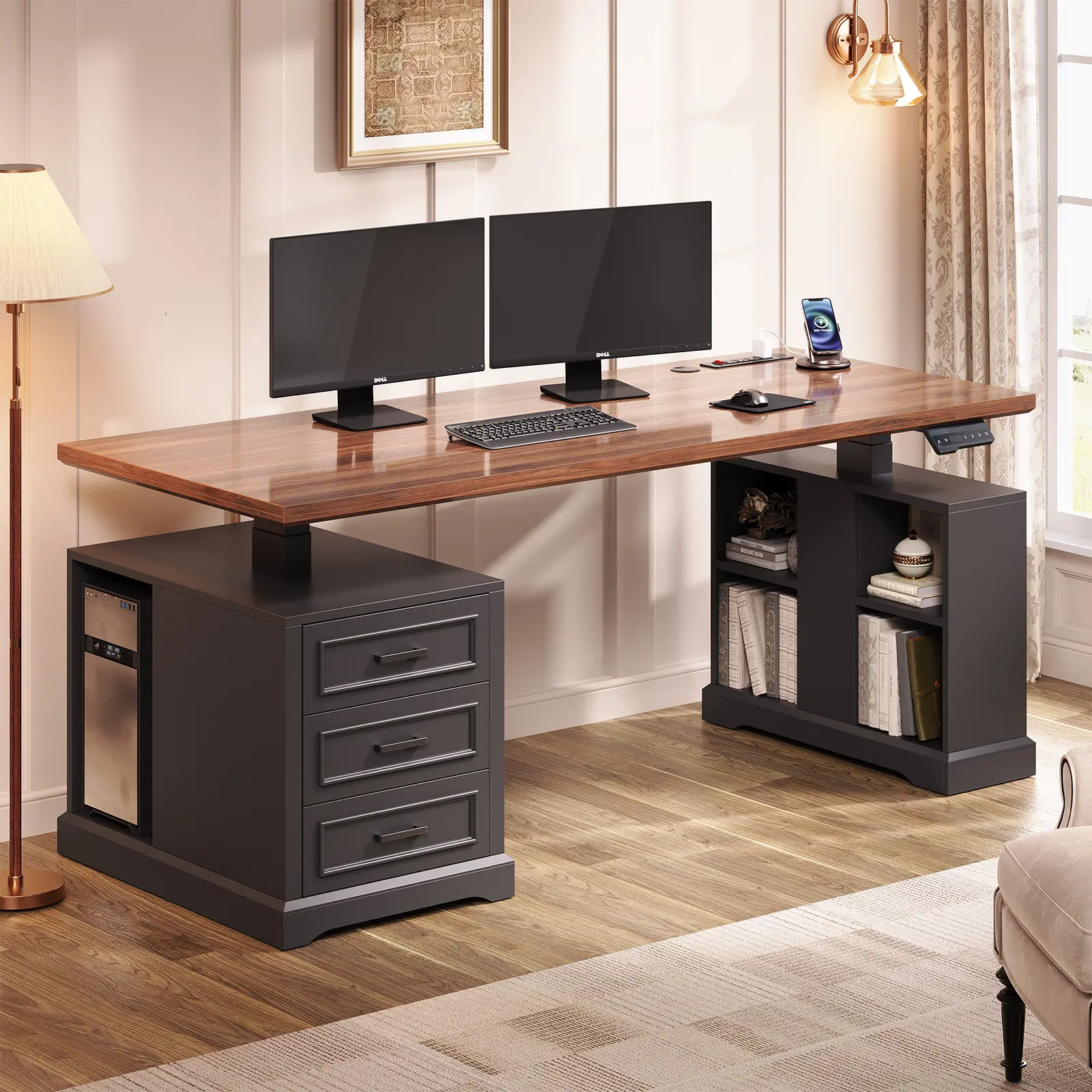 Sedeta Ergonomic Height-Adjustable Auto-Adjust Electronic Standing Desk (63in) - Rustic Home Office Workstation, Furniture-Style Modern Durable, 3 Wooden Drawers, Textured Groove, Thick Base, 2 Open Shelves, 3 AC Outlets for Work, Study