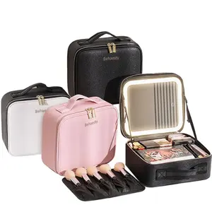 Travel Makeup Bag with Mirror of LED Lighted Makeup Train Case with Adjustable Dividers, Makeup Case with Mirror,Pink White Black Valentine's Day Gift