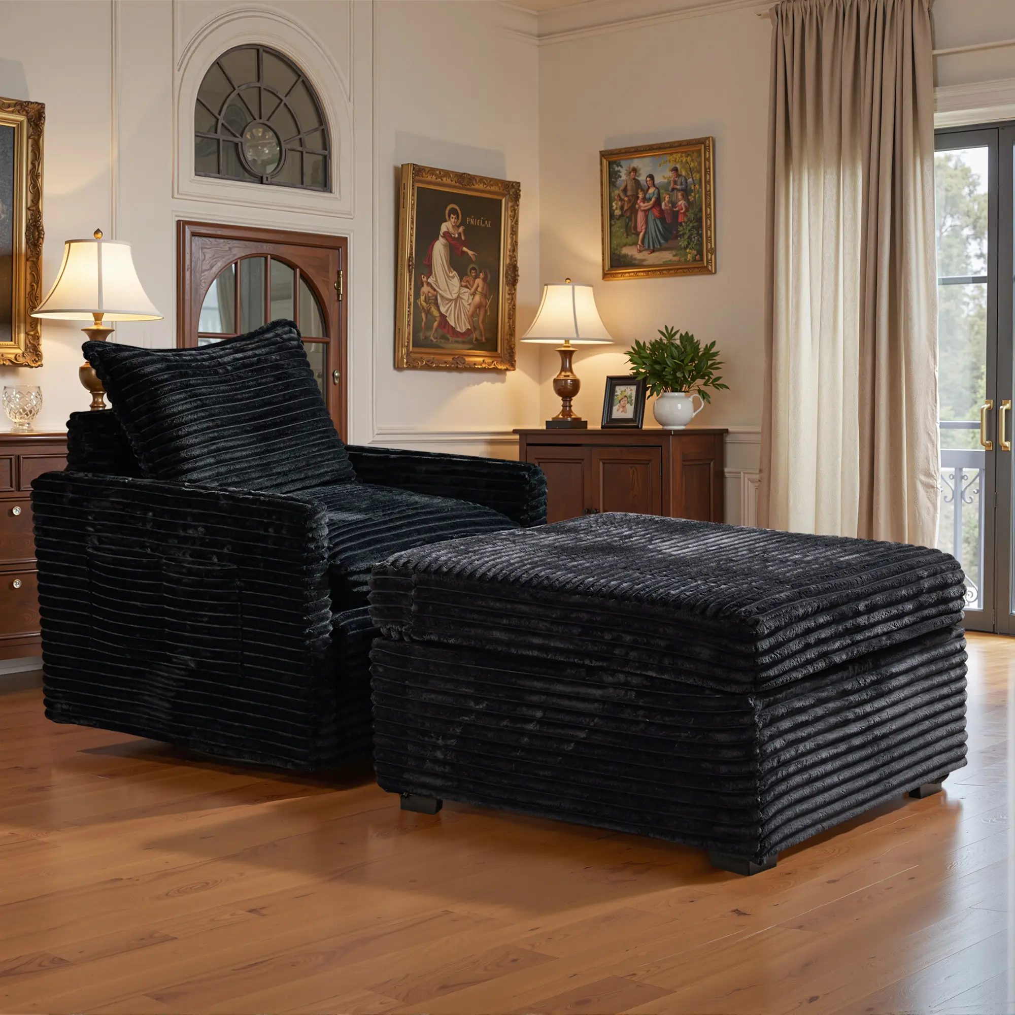 Black Plush Corduroy Swivel Chair+Ottoman