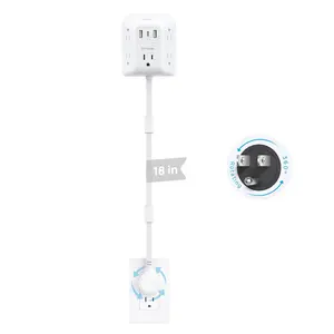 Outlet Extender with 360° Rotating Plug, Electrical Multi Plug Outlet-18In Short Extension Cord, 1440J Surge Protector, 5 AC & 3 USB Ports, Use behind Couches, Nightstands, Desks, White