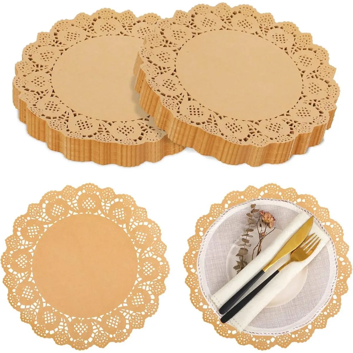 Elegant 600-Pcs 12-Inch Round Durable Oil-Resistant Disposable Kraft Paper Placemats - Brown Kitchen Tableware, Versatile for Dinner Plates, Absorb Water for Baking