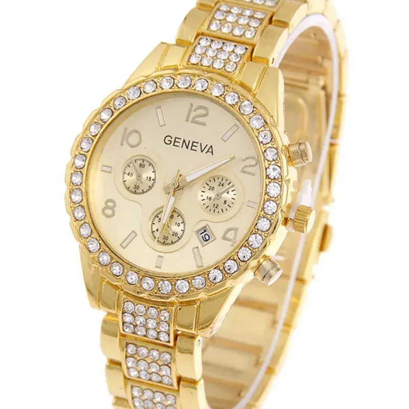 New Fashion Casual Women Watches Diamond Crystal Complete Calendar Gold Quartz Watch Women Clockgirl Rhinestone Relogio Feminino