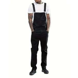 Men’s slim-fit black denim overalls with adjustable straps, distressed ripped design, and pockets — casual hippie jumpsuit for all seasons, everyday fashion | hippie-style suit | sleek black jumpsuit, denim jumpsuit