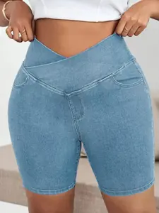 Women's Plus Size High Waist Cross Design Denim Elastic Basic Shorts | High Stretch Casual | 2026 Spring Summer Slim-Fit Hot Jeans,Ultra Short Bike Shorts for Yoga & Daily Use Womenswear