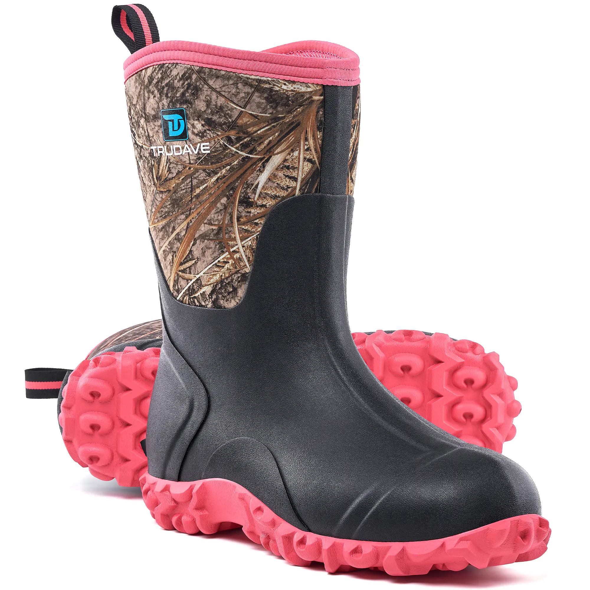 TruDave Rubber Boots for Women, 6mm Neoprene Mid Calf Rain Boots  with Steel Shank, Waterproof Insulated Mud Work Boots All Season Comfortable Pink Walking Shoes