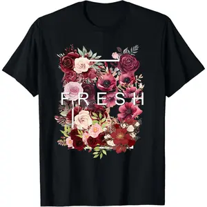 Maroon Red Burgundy Fresh Bloom Flowers Maroon Graphic T-Shirt        Graphic tees Shortsleeve Casual Retro Double-Sided Water Wash Vintage Metalcore Y2K Streetwear Tee graphic tee men's t shirts