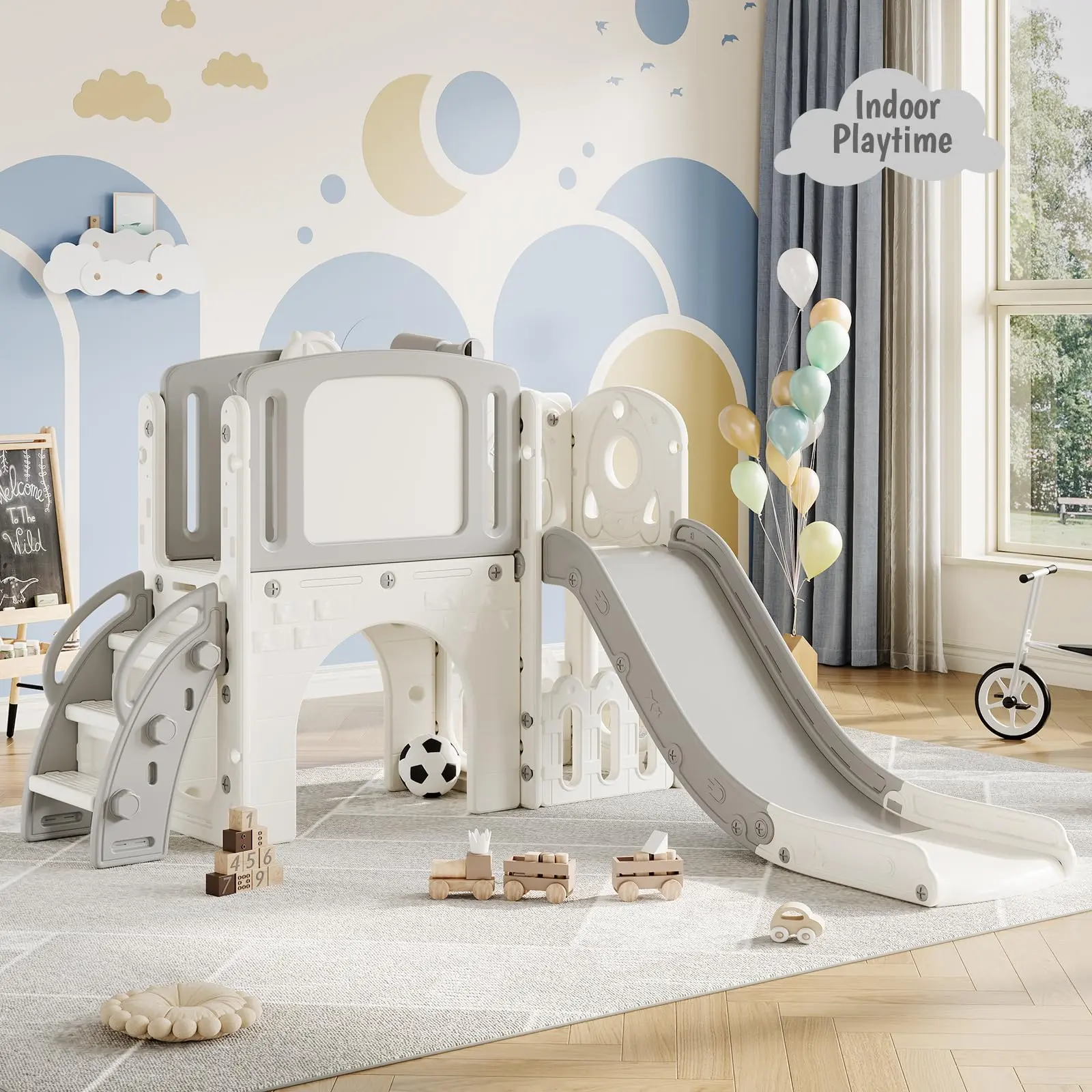 8-in-1 Design Toddler Slide Playset for 1-3 Years Kids - Indoor/Outdoor Backyard Courtyard Playground with Climber, Basketball Hoop, Telescope, Tunnel, Toy Storage, Balance Training, Stable Wide Base, Compact Active Play