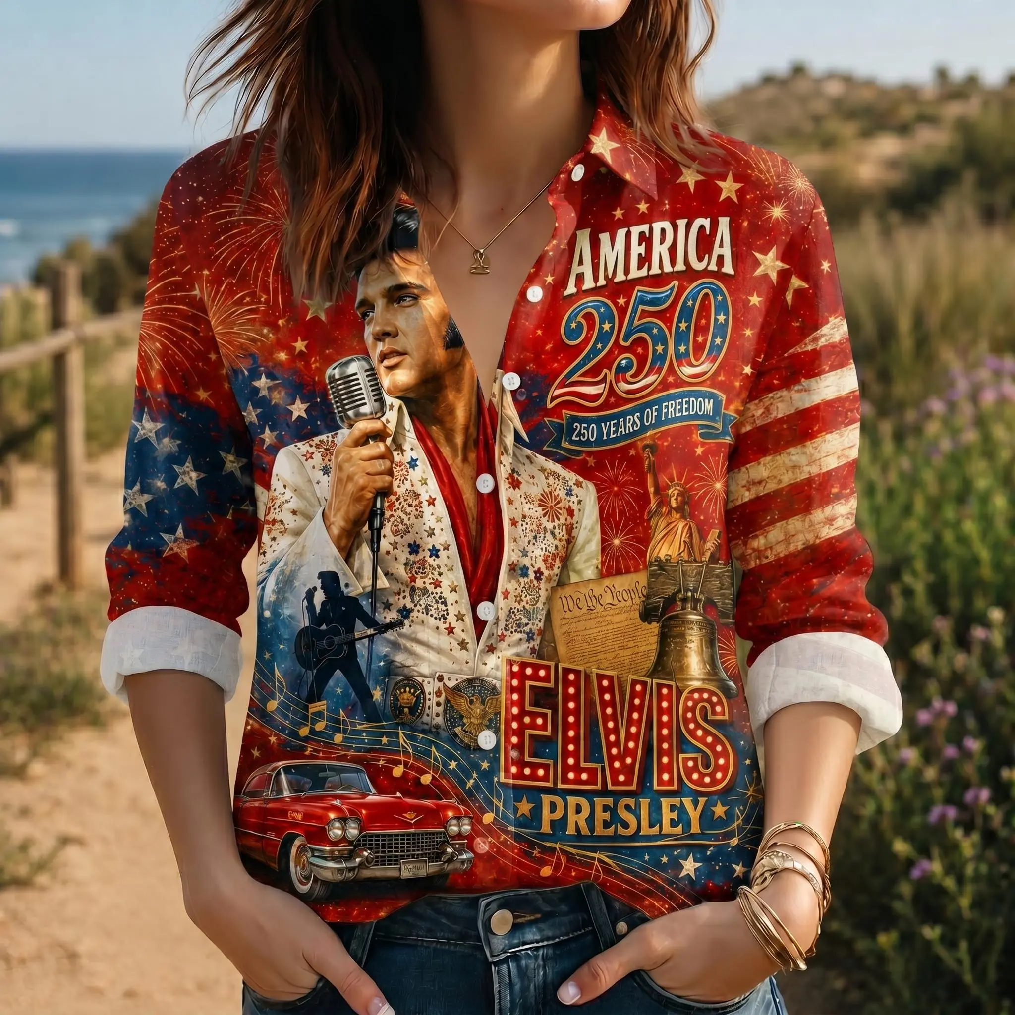 Elvis Presley America 250 Blouse Shirt, Patriotic USA Flag Button Up, Rock N Roll Independence Day Gift