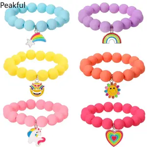 6PCS Unicorn Beads Pendant Bracelet for Little Girls Colorful Rainbow Monster Sun Flower Heart Meteor Charm Friendship Bracelet Set Cute Aesthetic Jewelry Perfect Birthday Party Favors Good Friend Gift Playwear Daily Dress Up Holiday Present