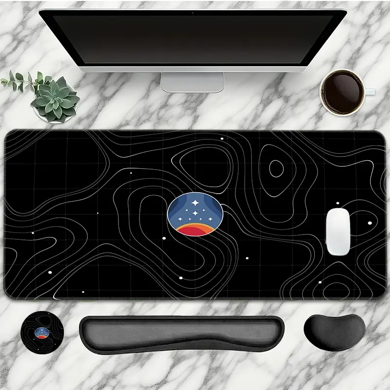 Starry Sky Pattern Mouse Pad With Wrist Rest Set 4PC Black Large Gaming Mouse Pads Simple Modern Style Mouse Pad For Desk XXL Non-Slip Rubber Base Desk Pad Keyboard Mat For Office Home Desktop Protector Decor Mousepad Desk Mat Mousepads