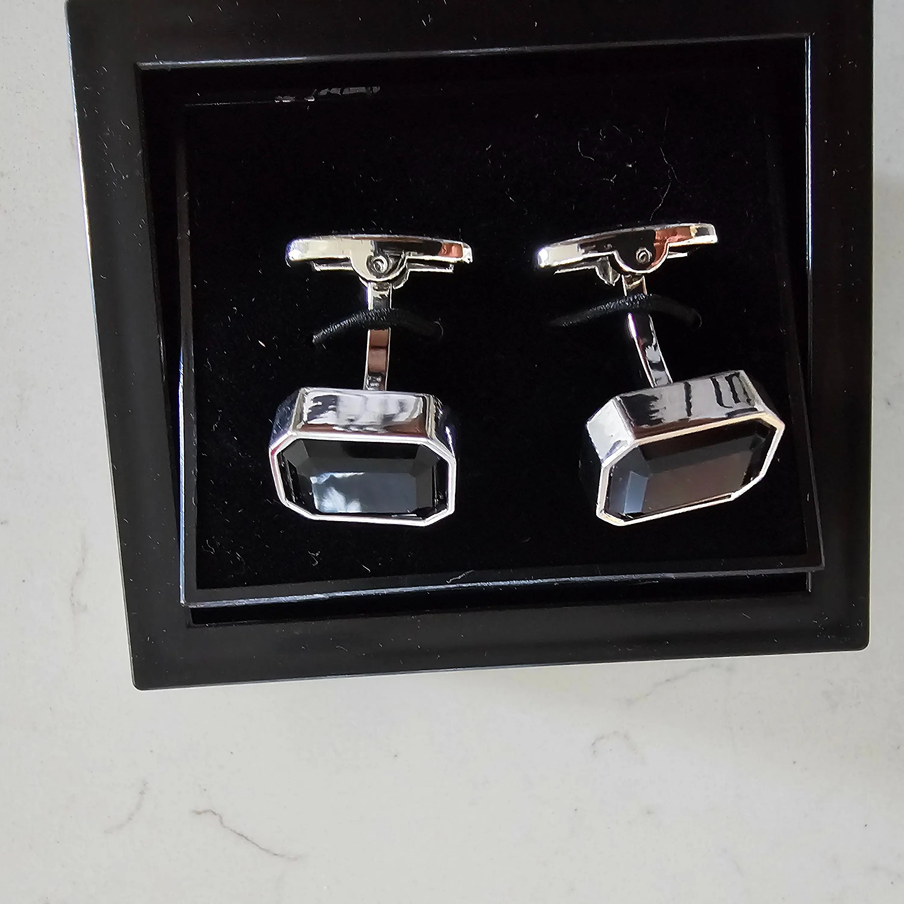 Octagon Black Stone Cufflinks, Silver Emerald Cut Crystal, Minimalist Formal Accessories