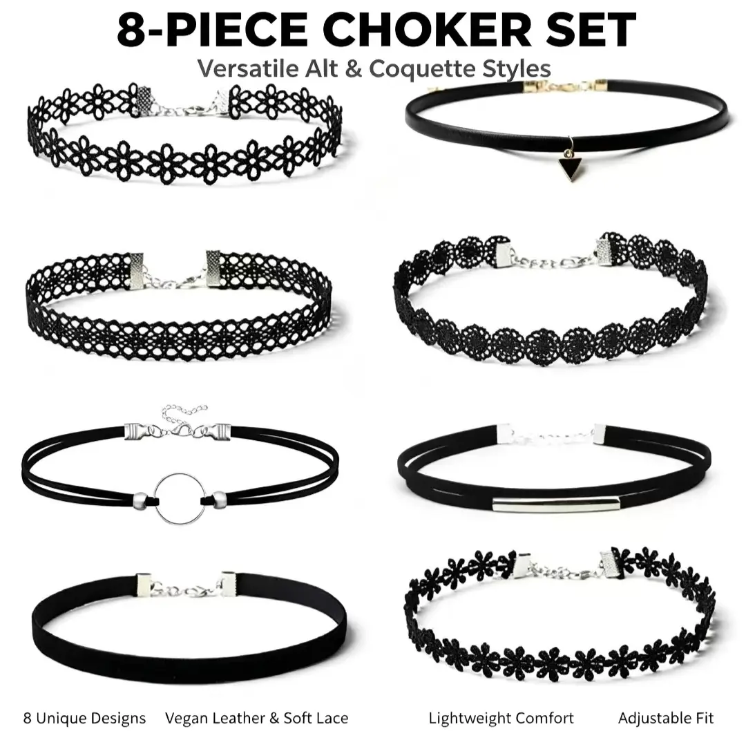 8-Piece Black Choker Set - Y2K Alt & Coquette Lace Collar Necklaces, Versatile Stackable Jewelry for Women & Teens.