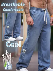 Men's Breathable Lyocell Wide Leg Jeans, Loose Fit Drawstring Waist, Lightweight Comfort Summer Streetwear, Plain Mid Waist Jeans