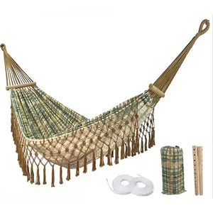 Boho Watercolor Print Canvas Hammock with Macrame Fringe Double Hanging Swing Bed for Outdoor Patio Porch Backyard and Indoor Aesthetic Room Decor