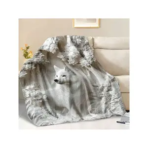 1pc Fluffy Blanket White Wolf Floral Print White Throw Blanket White Blanket Barefoot Bream Blanket Throw Blanket Sofa Winter Warm Blanket Living Room Bedroom Decoration Lunch Break Camping Multifunctional Blanket