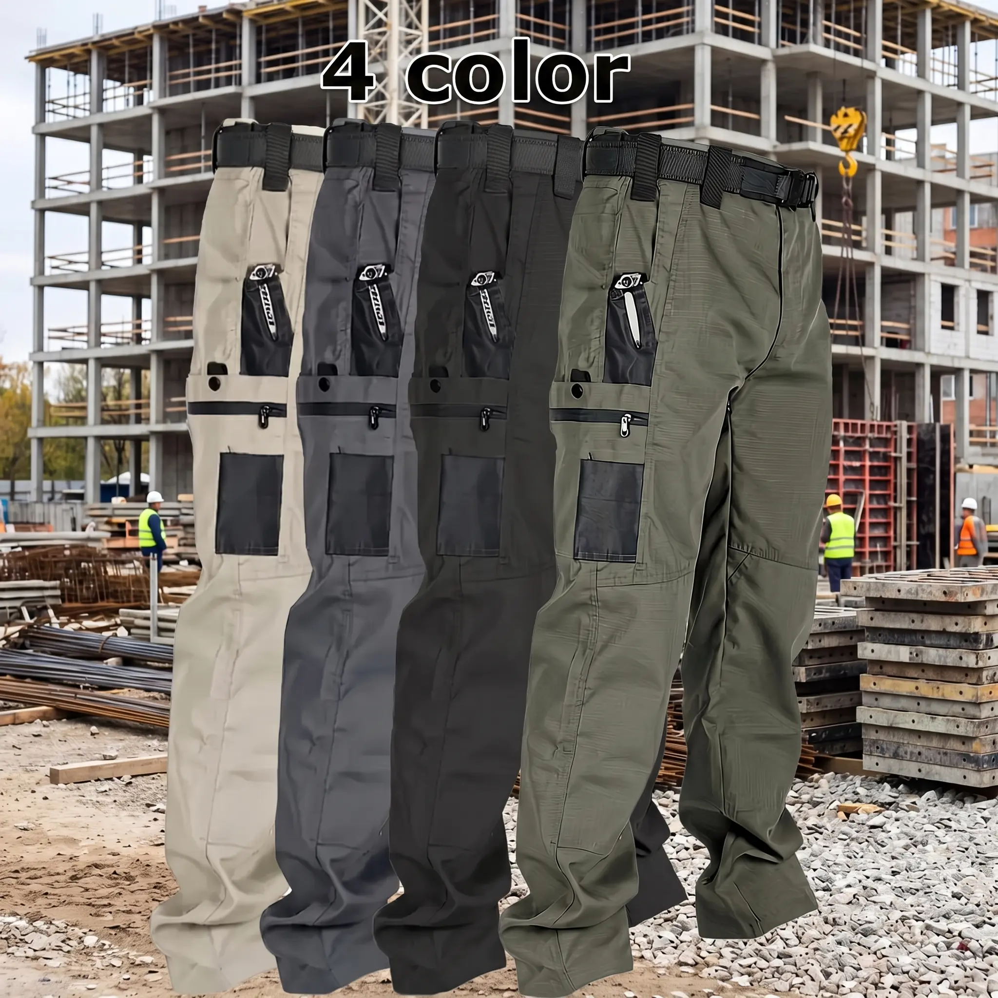 Nheals Men's Solid Color Zipper Waterproof Tactical Work Pants, Without Belt, Solid Color Design, Regular Fit, with Sports Pockets, Autumn Durable Pants, Men's Wear-Resistant Outdoor Training Pants. Please Place Your Order According to the Size Chart.