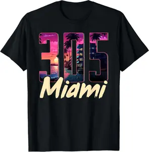 100%cotton Miami 305 Area Code Vintage Florida Skyline 305 Retro Miami T-Shirt