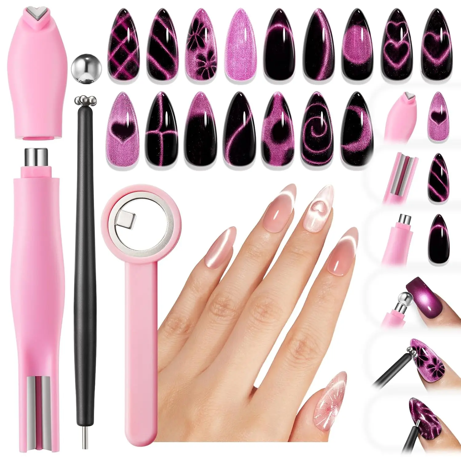 modelones Cat Eye Magnet Set, Nail Magnets for Cateye Gel Polish Nail Tools | Dual-Head 5 Pcs Magnets Pen Heart French Round Flower Glassy Moon Multi Effect Toenails Nail Stuff Home DIY Salon Use Gift