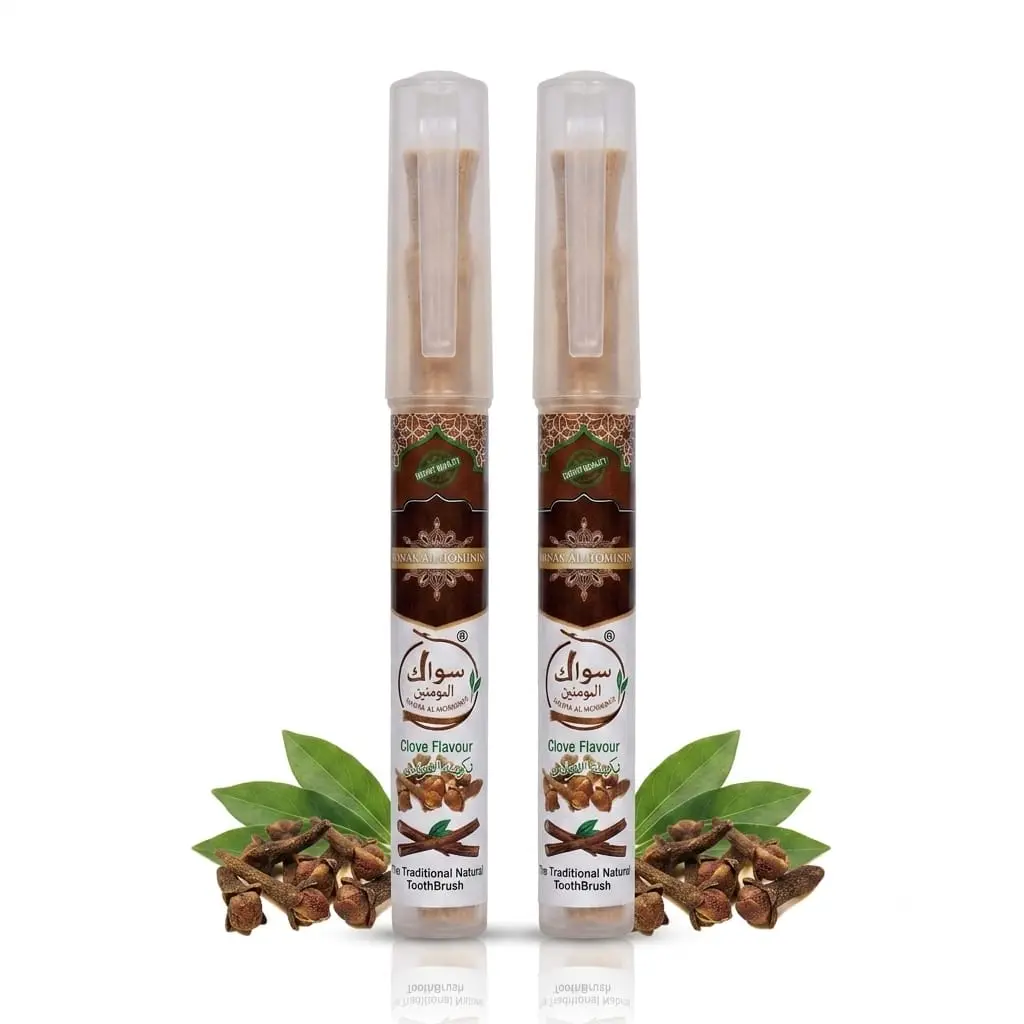 ( Pack of 2 ) Clove Miswak Toothbrushes with 6-Inch Luxury Protective Holders  - Natural Oral Care Tools for Fresh Breath