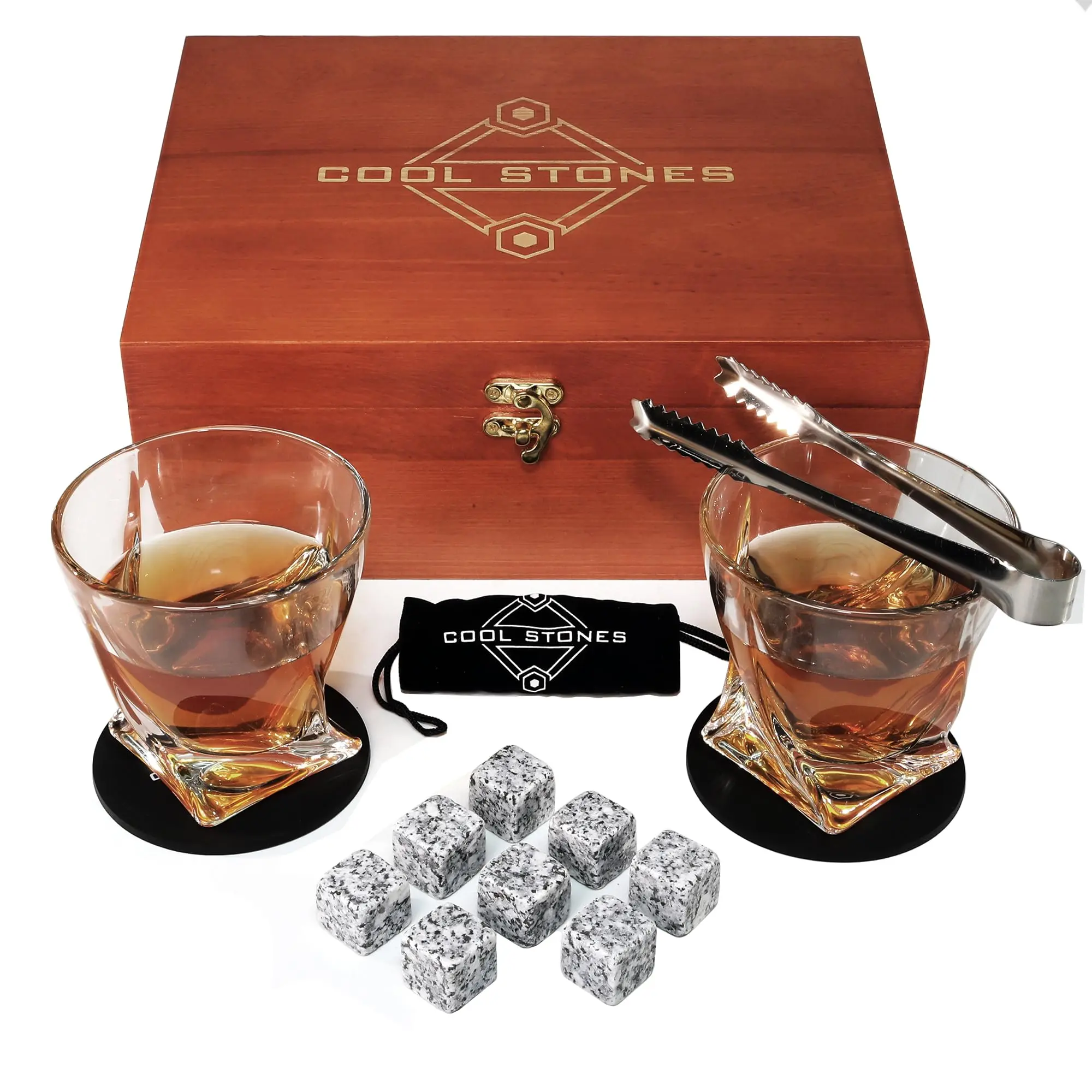 Whiskey Glass Gift Set - 2 Whiskey Glasses and Whiskey Stones with Tongs in Velvet Bag All Presented in an Elegant Wooden Box for Men (Classic-Wood-White-Rocks)