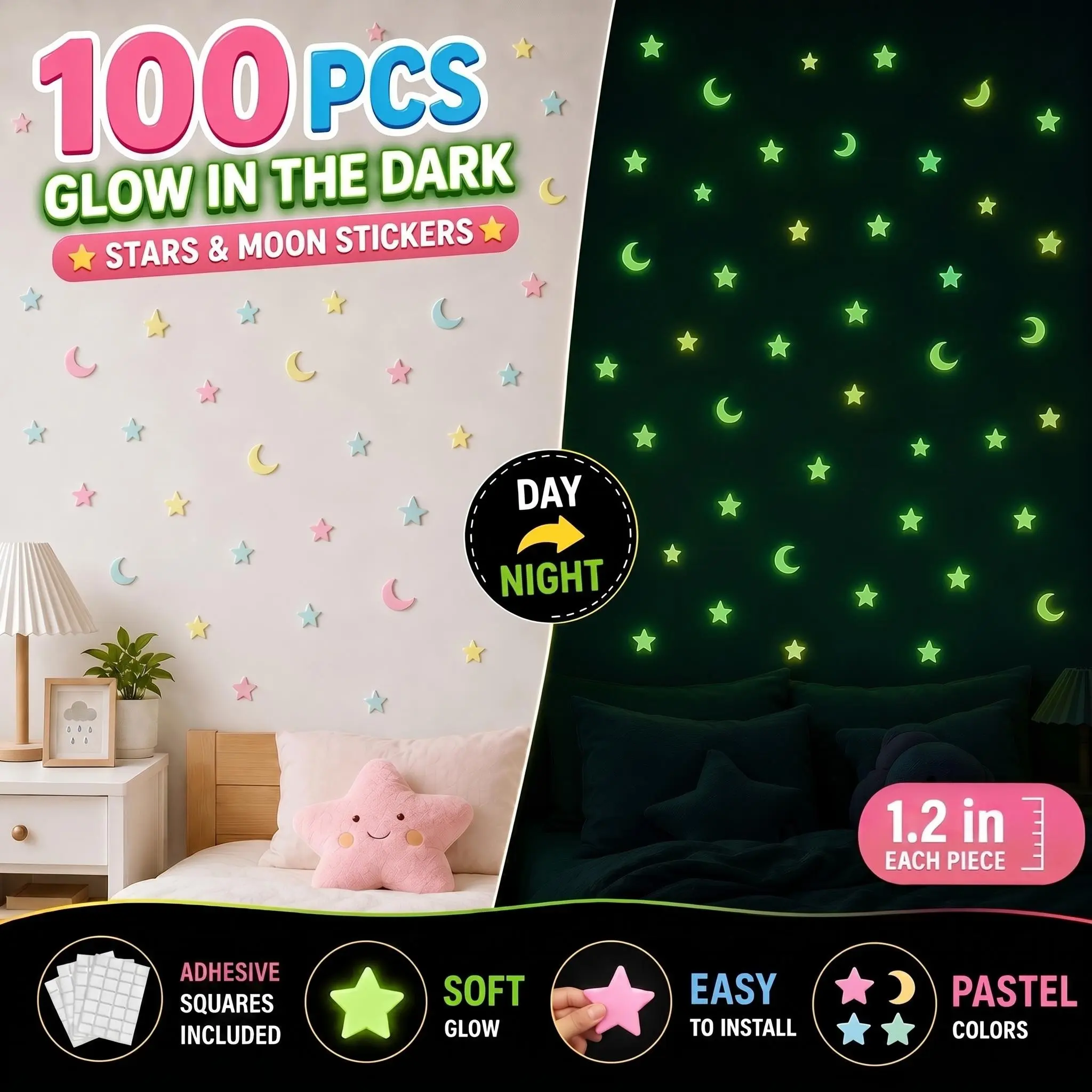 100 Pcs Glow in the Dark Star and Moon Stickers Removable Self Adhesive DIY Room Makeover Bedroom Ceiling Wall Decor Indoor Party Festival Aesthetic Decor for Teens