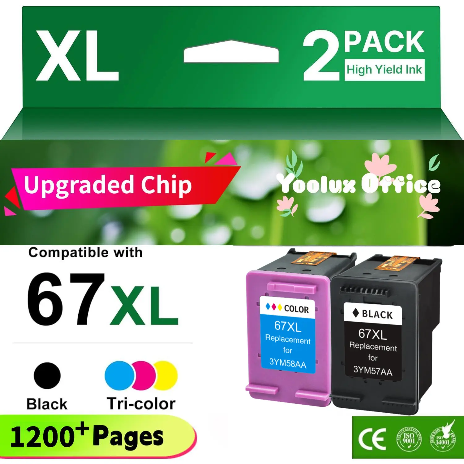 67XL Ink Cartridges Black/Color Combo Pack Replacement for HP Ink 67 67XL HP Printer Ink High Yield Works with DeskJet 2755e 2855e 2700 2800e 2700e 4255e 4155e Envy 6055e 6000 6455e 6400 (2-Pack)