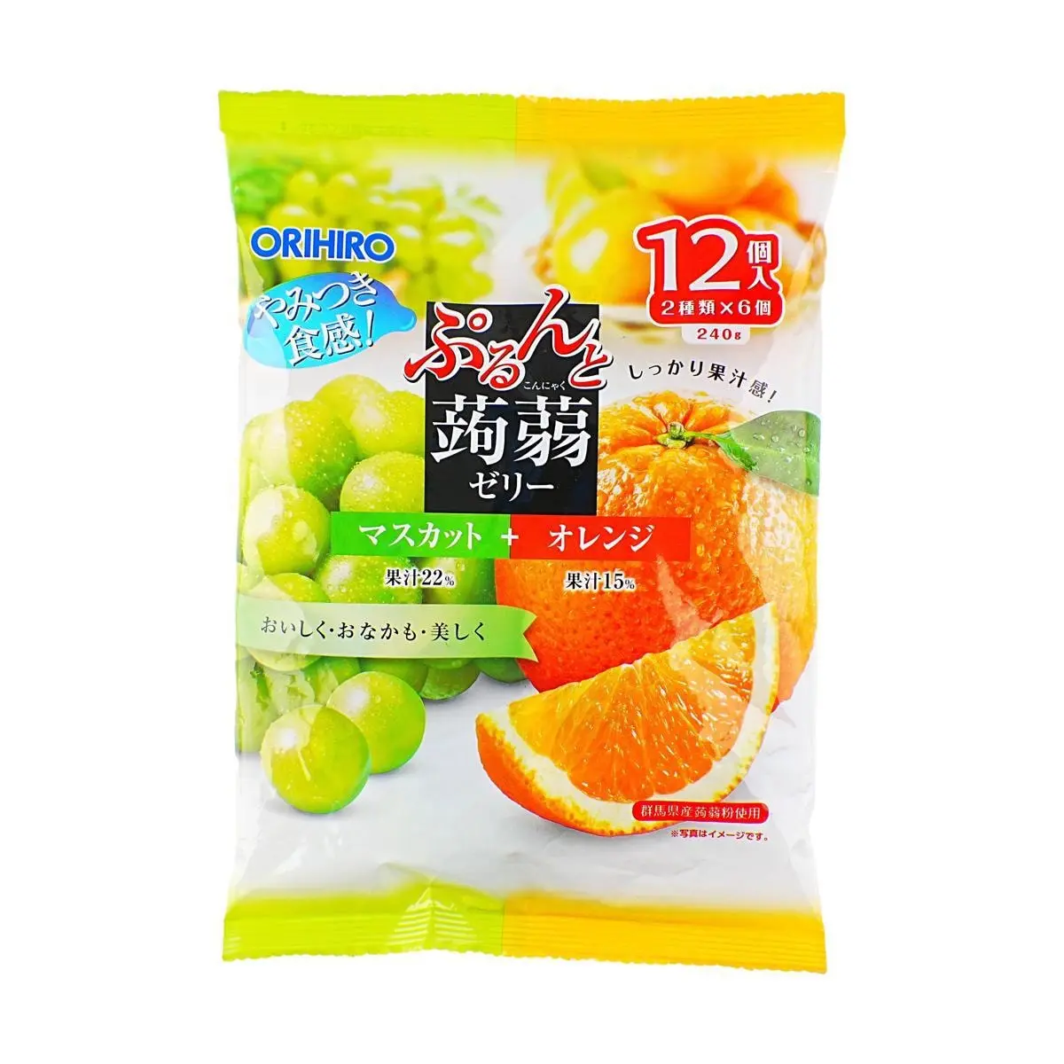 ORIHIRO Low Calorie High Fiber Konjac Jelly Green Grape Orange Flavor 12 Pack 240g