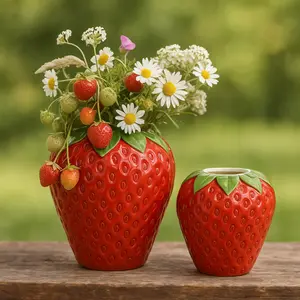 1 cartoon red strawberry ceramic vase, a cute strawberry fruit-shaped Valentine's Day and Easter gift for home decoration, a ceramic vase flower pot ornament, Decorative Vase