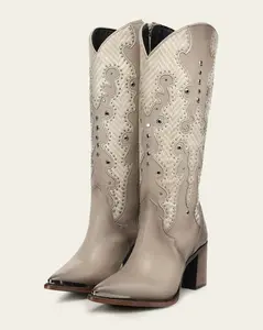 WOMEN’S CUADRA TALL BOOT RES BEIGE EMBROIDERY Y STUDS Y ZIPPER POINTED TOE CC280