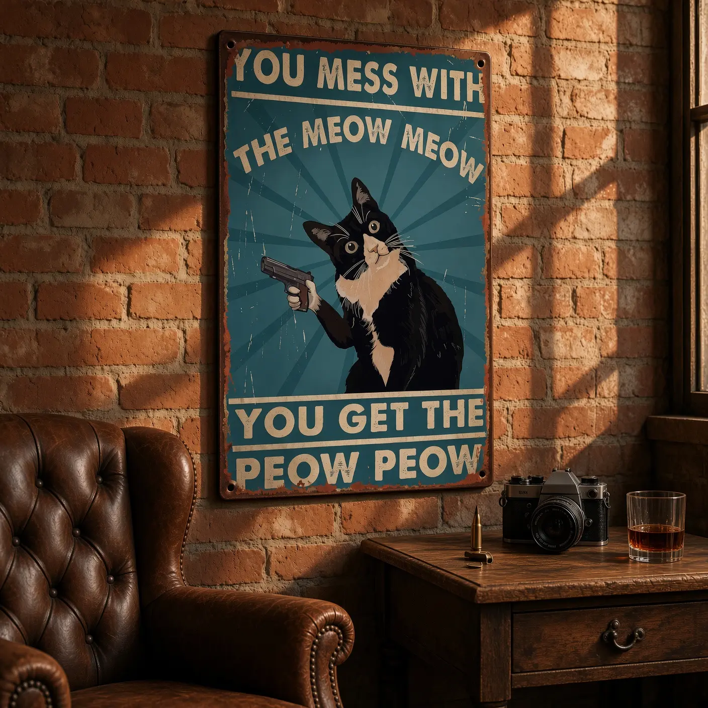 Lightweight Novelty Playful Unisex Brightening Metal Sign, 8x12in "You Mess With The Meow Meow You Get The Peow Peow" Home Decor Plaque for Living Room, Man Cave Wall Art, Wall Sign