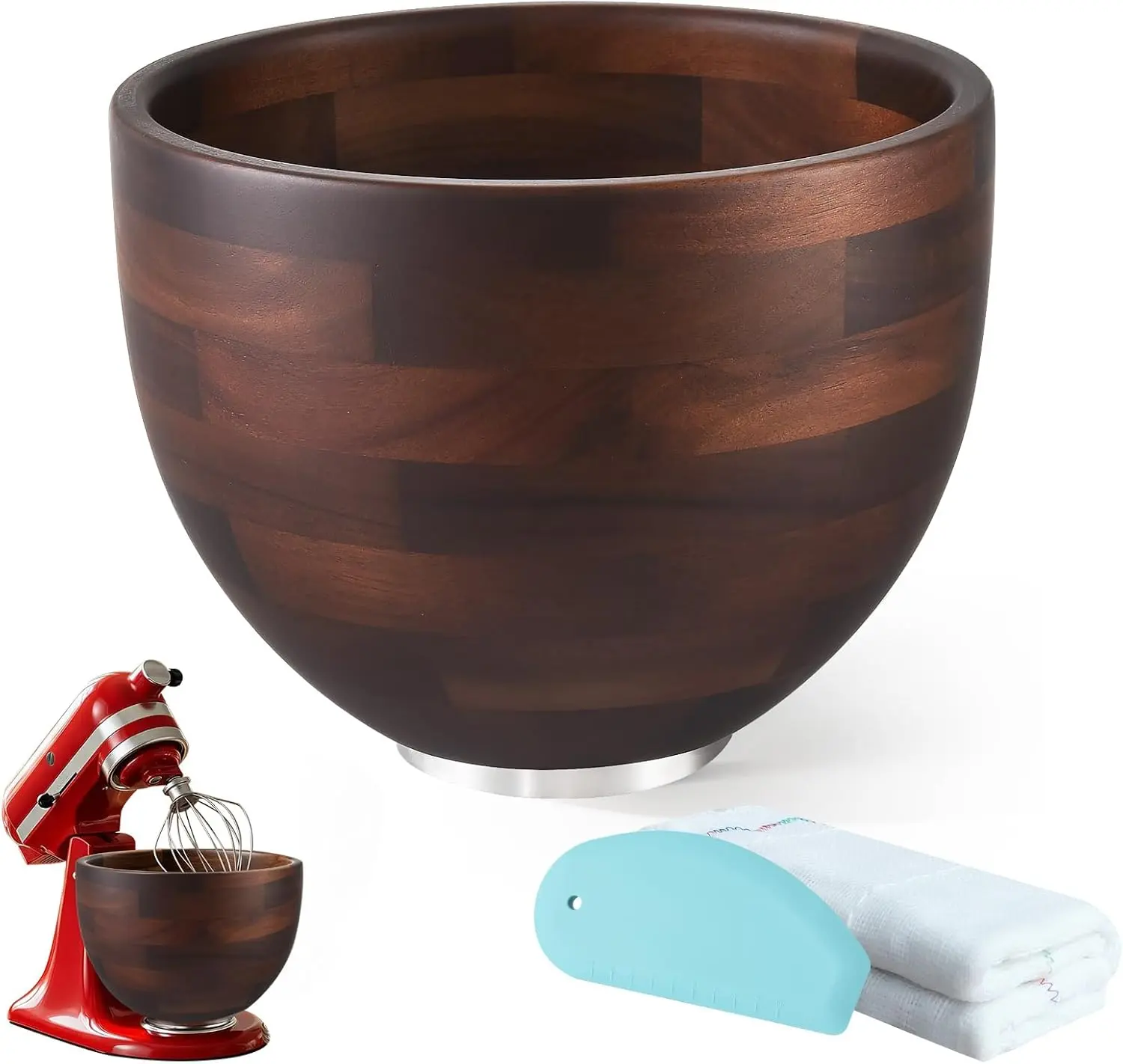 Premium Wood Mixing Bowl for K45 KSM150, 4.5&5 Qt Tilt-Head Models | Natural Acacia Wood Bowl with Stainless Steel Precision Locking Basee, Compatible with Kitchen Aid Mixers