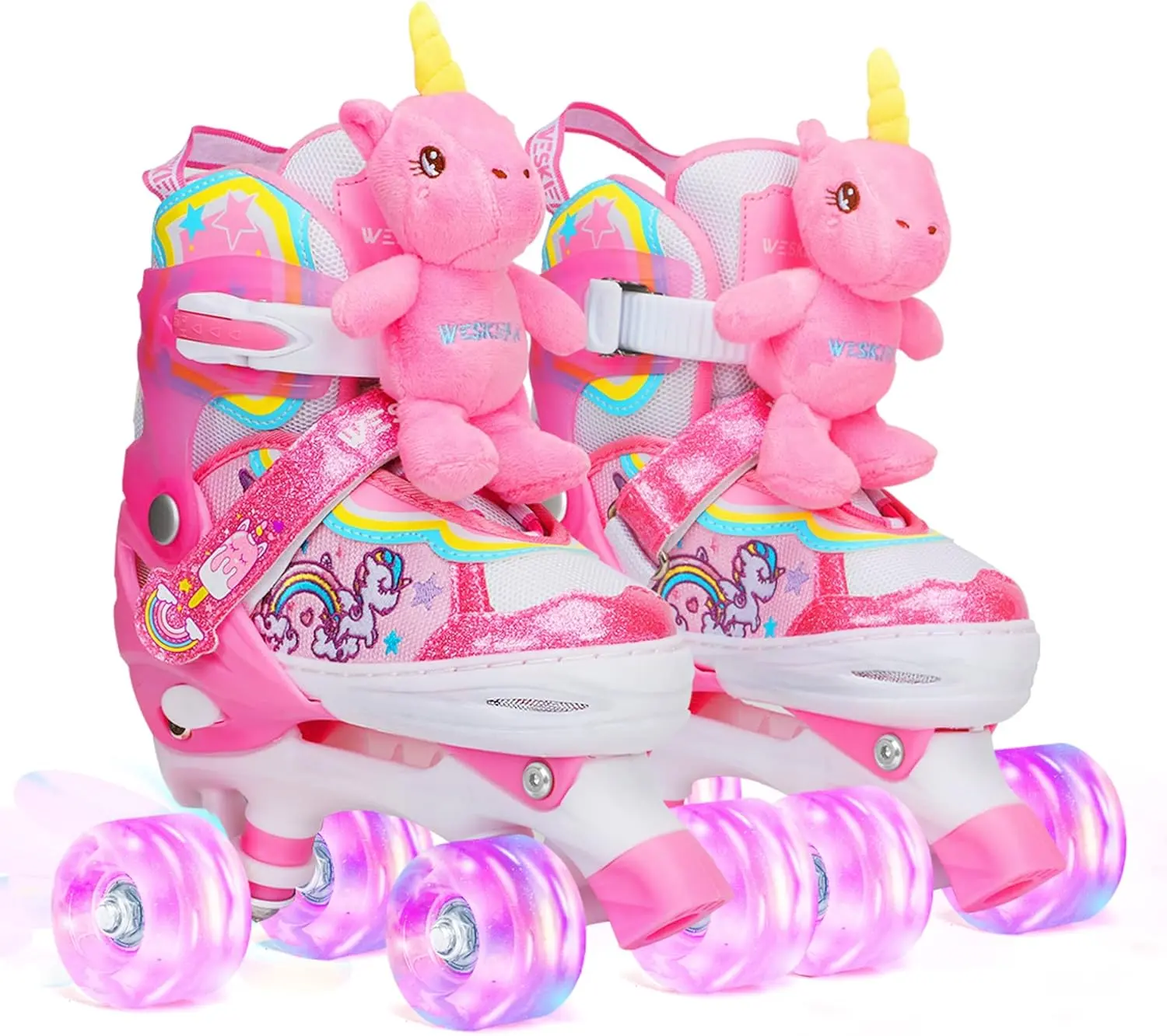 Girls' Unicorn Quad Roller Skates with Doll, Adjustable Mesh Skates with Shiny Sequins and Light-Up Wheels, Multifunction for Beginners