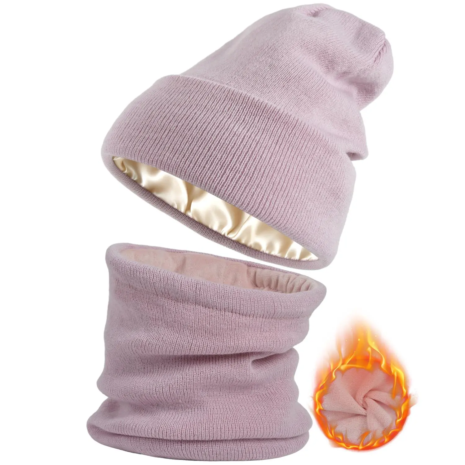 [Buy 1 Hat Get 1 Free Neck Gaiter] Viyawise Satin Lining Solid Color Beanie Hat for Men & Women - Ultra Soft, Stretchy Ribbed Knit, Foldable Design for Daily Use & Outdoor Activities