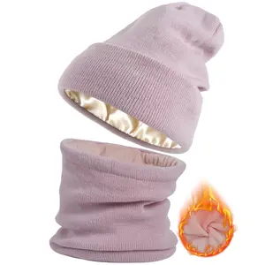 [Buy 1 Hat Get 1 Free Neck Gaiter] Viyawise Satin Lining Solid Color Beanie Hat for Men & Women - Ultra Soft, Stretchy Ribbed Knit, Foldable Design for Daily Use & Outdoor Activities