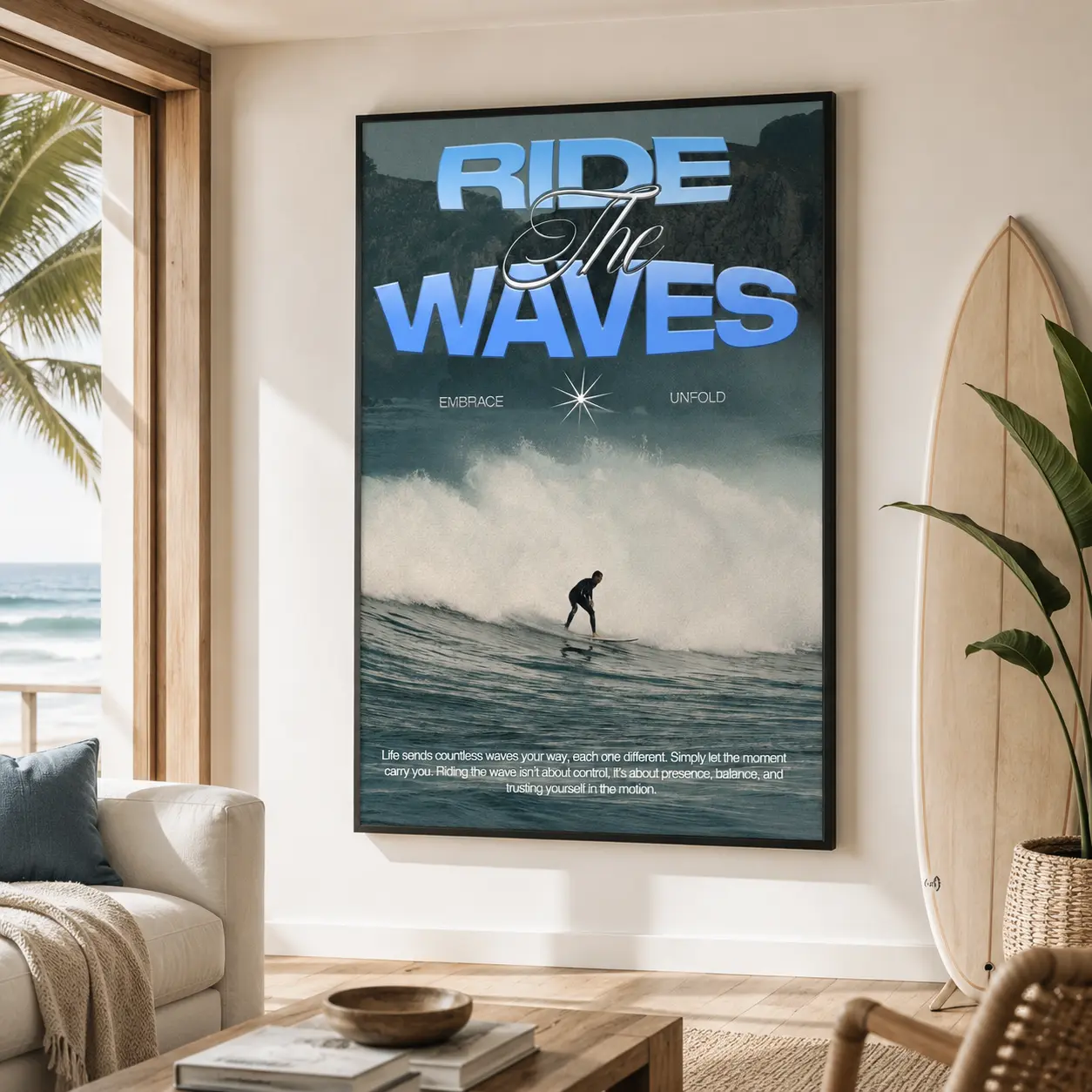 Ride the Waves Surfing Poster, Vintage Ocean Motivational Canvas Print, Coastal Wall Art for Bedroom, Dorm, Beach House and Office Decor