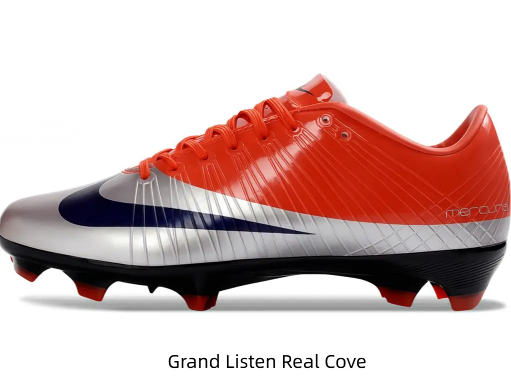 Collectible Vibrant Design Soccer Cleats - Vibrant Orange-Silver Gradient, Dark Navy Graphic, Red Traction Studs for Intense Matches & Soccer Enthusiasts