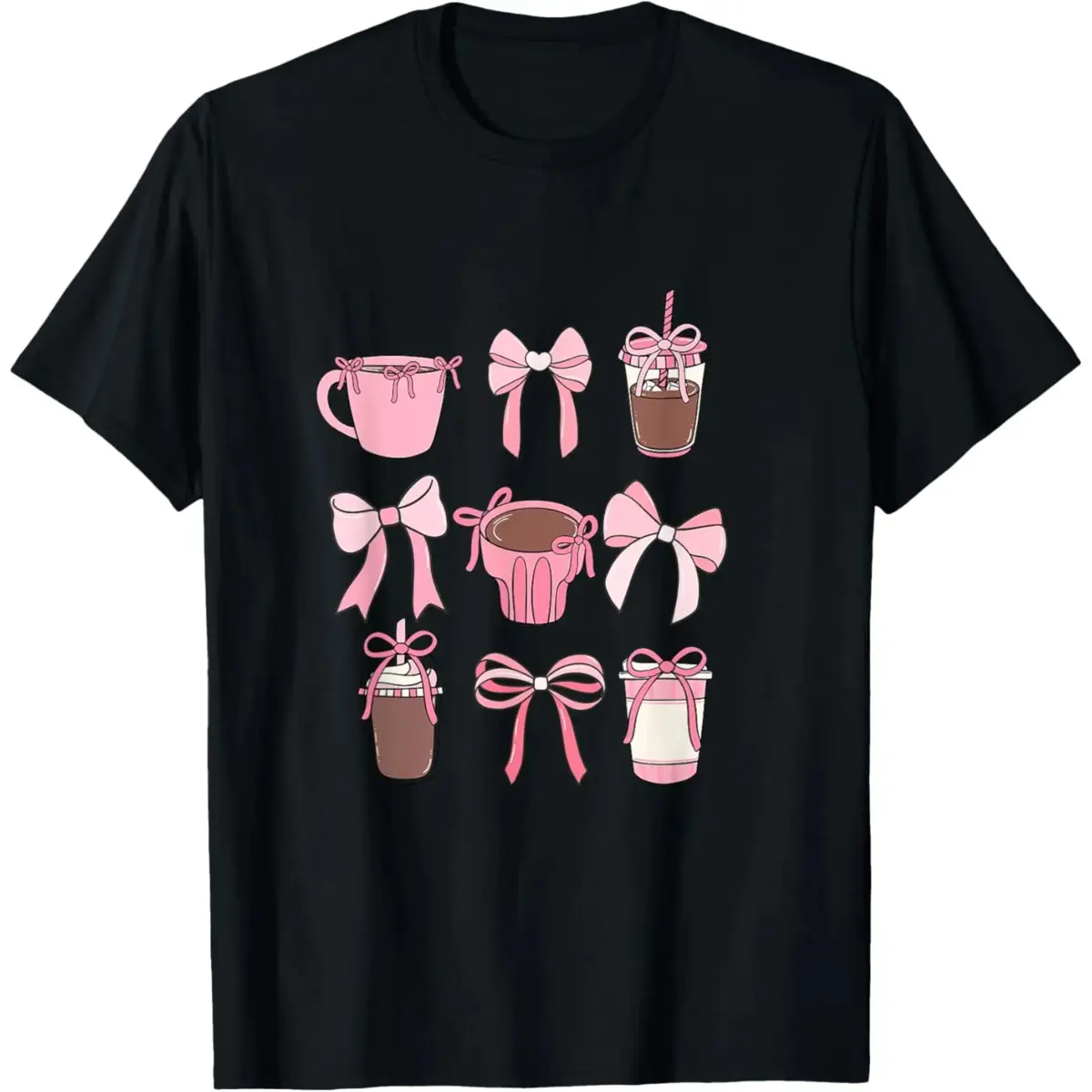 Graphic T-Shirt, Unisex Iced Coffee & Bows Print Top, Casual Streetwear Short Sleeve Crewneck Basic Tee