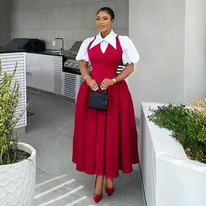 summer spring clothes Women's Clothing 2025 Autumn Temperament Elegant Bubble Sleeve Ladies Shirt Collar High Waist Slimming Dress Fake Two Pieces