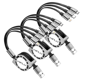 Minlu 3-in-1 Retractable Charging Cable – 3-Pack (4ft) – USB to Lightning, USB-C & Micro USB – Gray