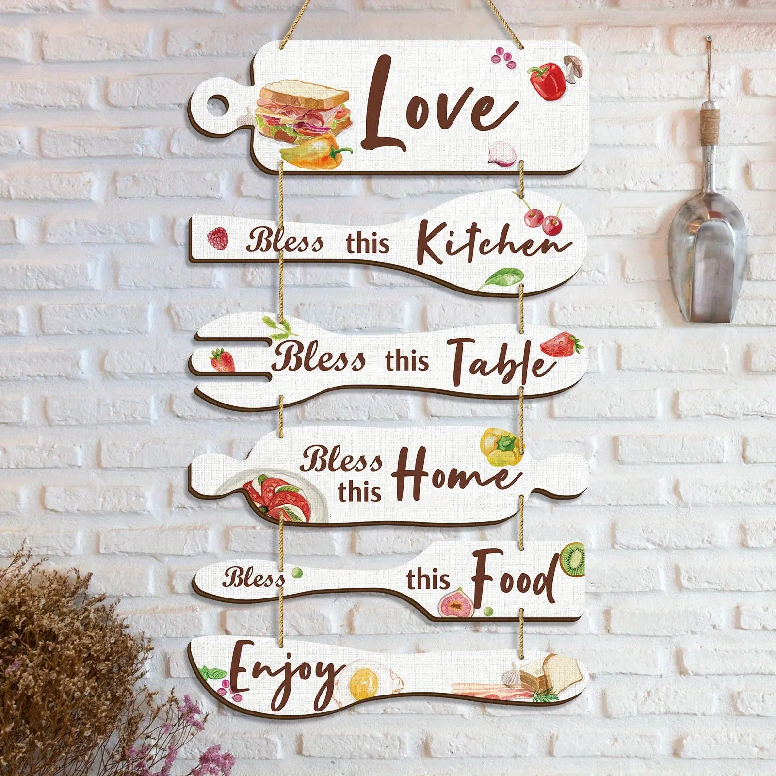 Farmhouse Kitchen Wall Decor, Farmhouse Style Decor, 6 Counts/set Rustic Farmhouse Shabby Chic Design Wooden Hanging Sign, Decorative Hanging Piece, Wall Art Decor for Home Kitchen Dining Room, Hangable, Interior Decoration Accessories