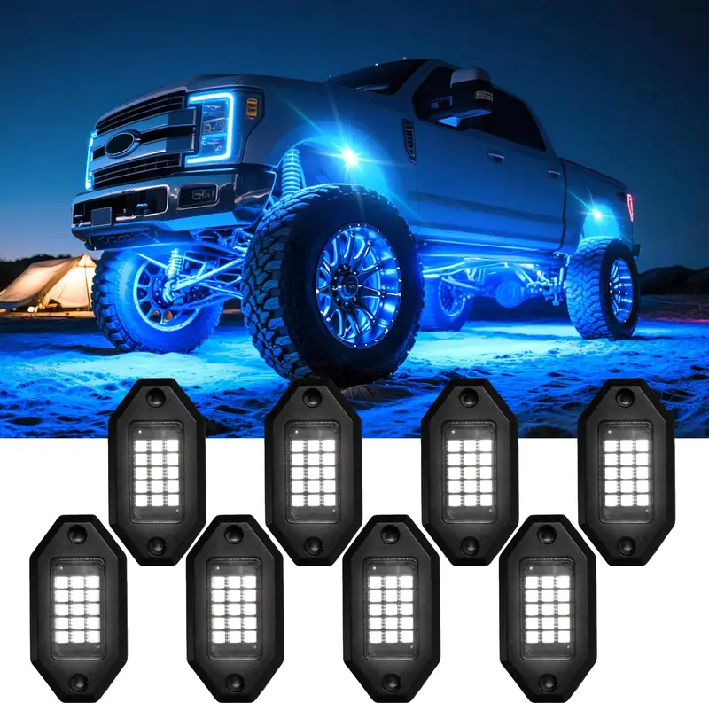 8/10/12pcs RGB LED Rock Lights for Truck Semi Offroad Pickup Trailer Sedan Boat, 12V Waterproof APP Control Music Mode Underglow Neon kit with Extension Wires, Wheel Well Lights
